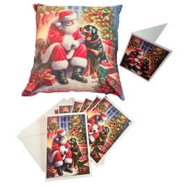 Caroline's Treasures Bundle A - Rottweiler and Santa Claus - Includes 1 Throw Pillow and 1 Package of 8 Greeting Cards