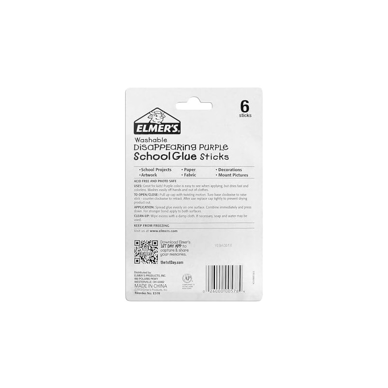 Elmer's Washable Disappearing Purple School Glue, 6 Giant Sticks (Pack