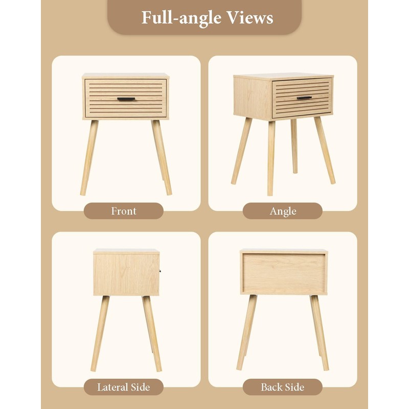 2 Sets Striped Grooved Nightstand with Solid Wood Storage Drawer,