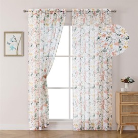 OWENIE Crushed Sheer Curtains 84 Inches Long 2 Panels Set, Sheer Floral Curtains Printed Drapes for Living Room Bedroom, Rod Pocket Light Filtering Window Sheers (2 Panels, 42" x 84")