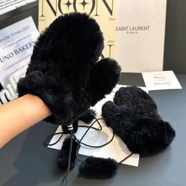 Bibury Rex Rabbit Fur Mittens, Winter New Fur Gloves, Ladies Elastic Warm Detachable Gloves (Black)