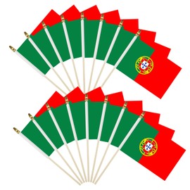 16 Pack Small Portugal Flags on Stick - Mini portugese Flags with Kid-Safe Spear Top - 5x8 Inch Wooden pole Hand Held Stick Flags for Patriotic Decorations Parades Parties National Flags