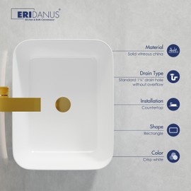 Bathroom Vessel Sink, Eridanus 20" x 15" White Vessel Sink Rectangular Bathroom Sink Porcelain Ceramic Vessel Sinks for Bathroom Vanity Sink Above Counter Basin