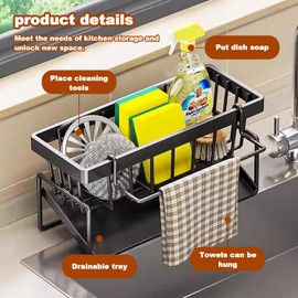 Sink Organiser with Brush Holder, Sponge Holder with Drip Tray, Stainless Steel Kitchen Organiser, Drain Tray Organiser, Self-draining Kitchen Sponge Caddy Organizer for Kitchen Bathroom Sink