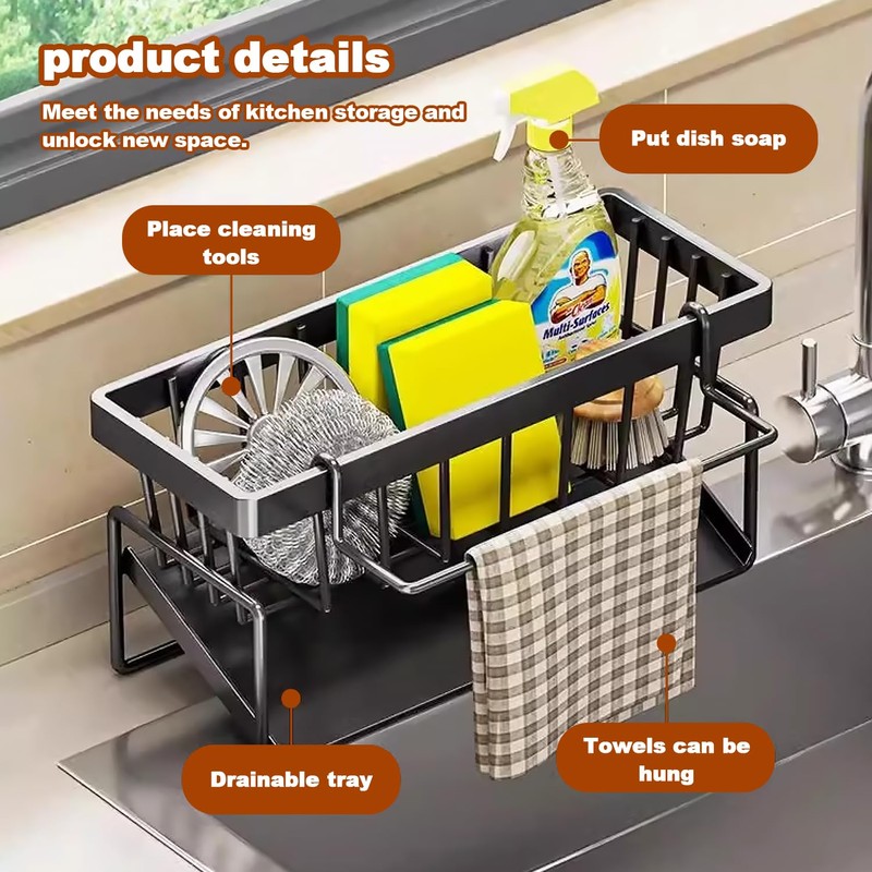 Sink Organiser with Brush Holder, Sponge Holder with Drip Tray,