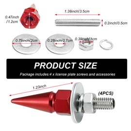 SHMZK 4 PCS Spikes License Plate Screws for Car, Anti Theft Spike Shape Aluminum Car Plate Frame Fastenings Bolt, Cool Licence Plate Screw Set for Car Truck Motorcycle, Car Accessories (Red)