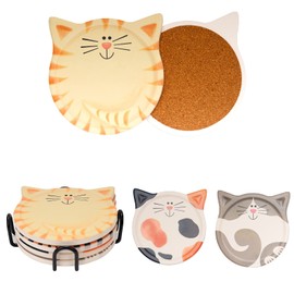 Drink Coasters with Holder, Absorbent Coaster Sets of 4, Cat Pattern Ceramic Drink Coaster for Tabletop Protection,Suitable for Kinds of Cups, Wooden Table,4 Inches