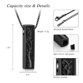 XSMZB Tree of Life Urn Necklace for Ashes for Men Women 3D Bar Cremation Jewelry Ashes Keepsake Pendant of Loved One Funeral Memory Jewelry(Black)