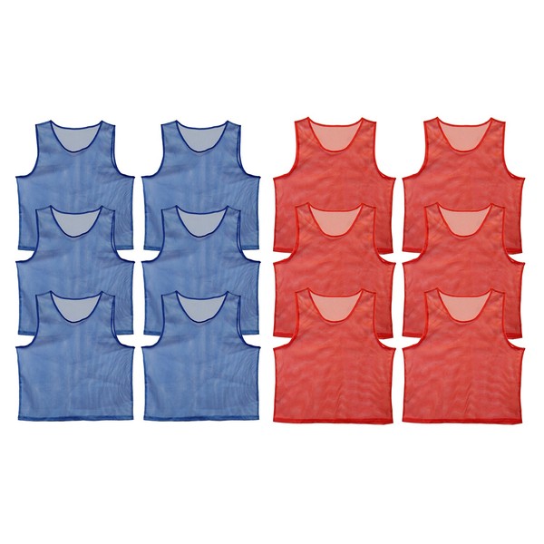 Get Out! Set of 12 Scrimmage Vest Pinnies for Teen/Adult in Red and Blue – Nylon Mesh Jerseys for Any Sport