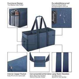 Finnhomy 42L Extra Large Utility Tote Bag, Oxford Fabric Reusable Folding Grocery Bags with Handles and Pockets, 2 Pack, Blue, X-Large