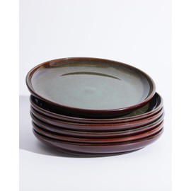 Pokini Ceramic Dinner Plates Set of 6, 10 Inch Handmade Reactive Glaze Stoneware Plates, Modern Rustic Dinnerware, Microwave & Dishwasher Safe, Scratch Resistant-Brown and Green