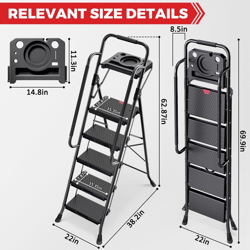 KINGRACK 5 Step Ladder, Folding Step Stool for Adult with