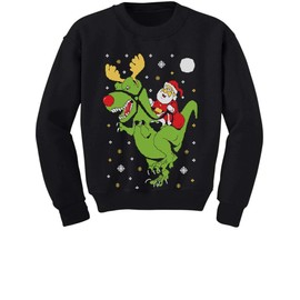 Santa Riding Dinosaur Sweatshirt Youth Kids Ugly Christmas Sweater Style 4T Black