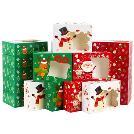 Moretoes 24pcs 8.25x6x2.75in Christmas Bakery Cookie Boxes with Window, Xmas treat Boxes for Holiday Party Favor Pastries, Cupcakes, Cookies, Donuts, Gift Wrapping