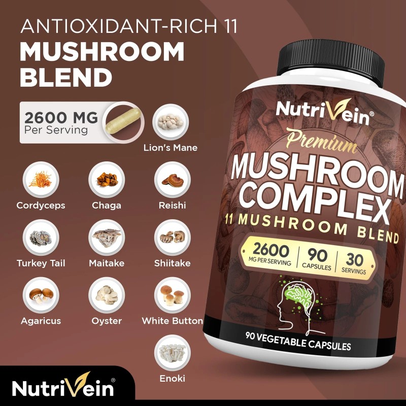 Nutrivein 11 Mushroom Blend Immune Support Herbal Supplement 90 Capsules
