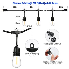 Yuhoolamp 200FT Outdoor String Lights with 60+3 Replaceable S14 Edison Bulbs 2200K, Weatherproof for Patio Outside, 2Pack Linkable, Hooks and Zip Ties Included