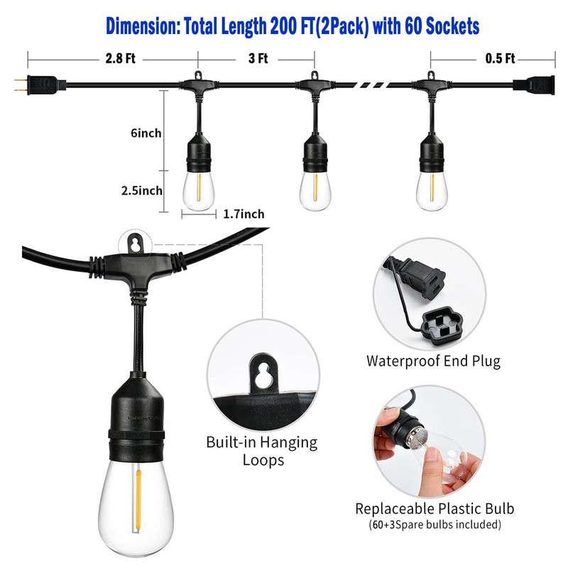 Yuhoolamp 200FT Outdoor String Lights with 60+3 Replaceable S14 Edison