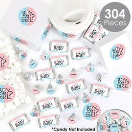 Big Dot of Happiness Baby Gender Reveal - Mini Candy Bar Wrappers, Round Candy Stickers and Circle Stickers - Team Boy or Girl Party Candy Favor Sticker Kit - 304 Pieces