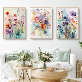 Herfair Living Room Pictures, Set of 3, Colourful Flowers Posters, Bedroom Wall Pictures, Stylish Aesthetic Decorative Canvas Pictures, Without Frame, Wall Decoration Poster (30 x 40 cm)