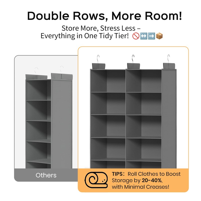 ALLTIDYUP Grey 5-Tier Hanging Closet Storage Organizer - Space-Saving Dual-Row