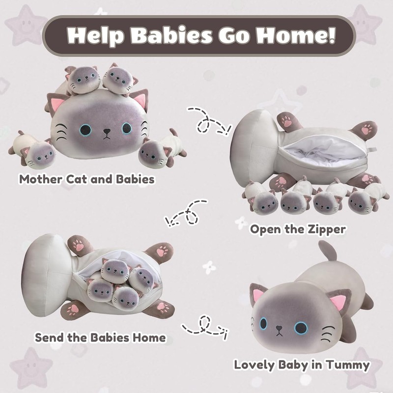 Kawaii Siamese Cat Plush – Mommy Cat with 4 Baby