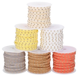 PATIKIL 32.8 Yards Studded Faux Suede Cord Rope for Jewelry Making, 6Pcs Each 5m 5mm Flat Leather Lace Beading String Ribbon Gold Rivets, White/Beige/Grey/Light Brown/Yellow/Dark Yellow