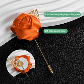 M METERXITY 12-Pack Flower Lapel Pins for Men, Golden Leaf Rose Boutonnieres Pin for Wedding/Dance/Party, Mens Lapel Pins for Suits Satin Flower Corsage Hat Pins [Orange]