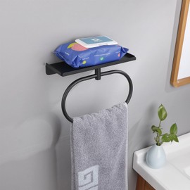 Bath Towel Ring with Shelf Stainless Steel Adhesive Towel Hanger Wall Mounted Hand Towels Holder for Bathroom Kitchen (Oval Black)