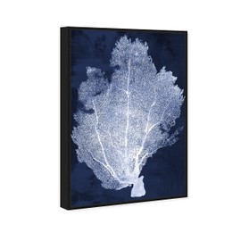 The Oliver Gal Artist Co. Nautical and Coastal Framed Wall Art Canvas Prints 'Coral Fan Cyanotype 2' Marine Life Home Décor, 16" x 24", Blue, White