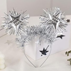 Dusenly Happy New Year Headband Tiara Star Hairband Headdress Hair Accessory for New Years Eve Party Decoration Supplies (Silver)