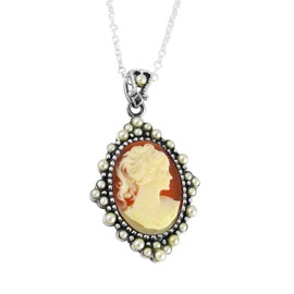 Sterling Silver Resin Cameo and Pearlized Beads Frame Pendant Necklace, 16-18" Salmon