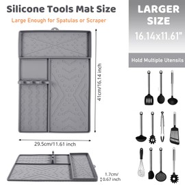 Griddle Mat Barbeque Grill Accessories Tools for Blackstone, Side Shelf Food-Grade Silicone Grill Mat, Spatula Silicone Mat with Drip Pad for Outdoor Grill Kitchen Counter - Grey