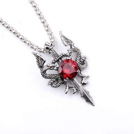 Dragon Necklace for Men, Double Dragon Sword Cross Pendant Necklace with 19.7” Chain, Wing Dragon Crystal Necklace, Vintage Dragon Amulet Necklace, Punk Animal Dragon Jewelry for Men (Red)
