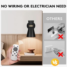Battery Operated Wall Sconce Set of 2, Modern Decor Black with Gold Rechargeable Wireless Sconce with Remote Control, Dimmable 10 Colors 5200mah Adjustable Battery Wall Light for Bedroom Living Room
