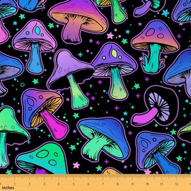 Tela de hongos por The Yard, tela de tapicería de plantas trippy, tela decorativa kawaii de dibujos animados, tela decorativa de estrella de neón para interiores y exteriores, tela impermeable de arte de bricolaje, verde azulado, 2 yardas
