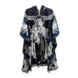 Our Lady of Mt. Carmel Virgin Mary Alpaca Black Blue Wool Poncho Cape Shawl Blanket Virgen del Carmen Poncho Zarape Jorongo Gaban Unisex Indigenous Handmade