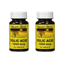 Set of 2 Nature's Blend 100 Tablets Folic Acid 1000 mcg bundled by Maven Gifts
