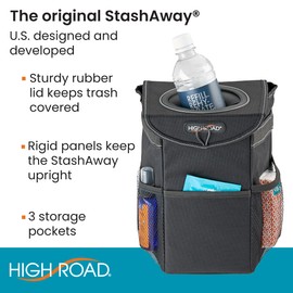 High Road StashAway Heavy Duty Car Trash Can with Rubber Lid, 3 Storage Pockets and Sturdy Panels for Stable Floor or Hanging Seatback Use (Black)