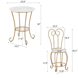 JOIN IRON 2-Piece Bistro Dining Set for Indoor Use, Marble-Look Tabletop with Gold Metal Frame, Vintage French Café Style Round Table and Chairs for Kitchen, Breakfast Nook, Small Apartment