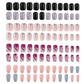 4 Packs?96Pcs? Press on Nails Polish Medium Fake Nails Kit Press Ons with Art Manicure Glue with Glossy Coffin Tips Full Cover Nail Square Glue on Nail for Women Girls Manicure
