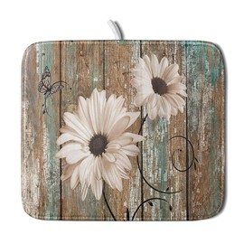 Giwawa Rustic Daisy Board Dish Drying Mat for Kitchen Countertop 16x18 inch Fall Sunflower on Wooden Plank Dish Drainer Mats Fast Drying Country Shabby Chic Vintage Kitchen Drying Decor