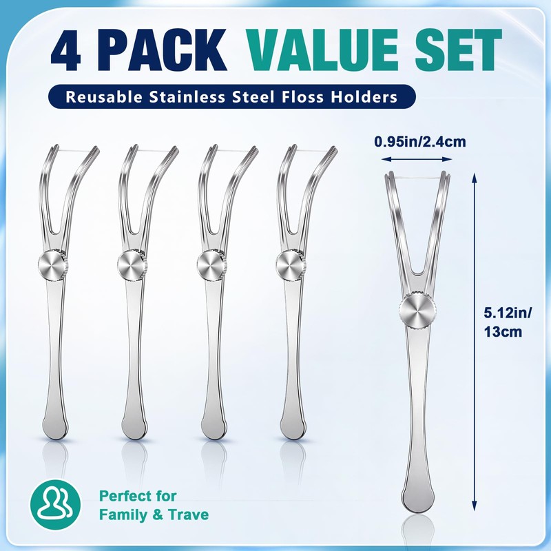 4 Pcs Stainless Steel Dental Floss Holder Reusable Flosser, Silver