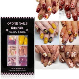 144 Pcs Fall Press on Nails Kit Short Square Fake Nails 6 Style False Nails with Designs Maple Leaves Glitter Colorful Full Cover Glossy Glue on Nails Autumn Acrylic Nails for Women Girls