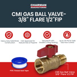 CMI Inc - 3/8 Inch Flare x 1/2 Inch Female Iron Pipe Threaded Gas Ball Valve CSA Approved, Brass Shut-Off Valve for Natural Gas & Propane, Gas Stop Propane Shut Off Valve for RV - 1 Pack