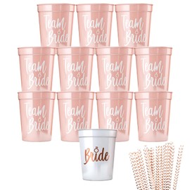 Pack of 12 Team Bride Mugs, JGA Mugs, Reusable Bachelorette Party Cup with 6 Models, Rose Gold Foil Team Bride Straws for Bridal Shower, Engagement Party, Bachelorette Party, Women Party