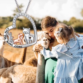 Ladytree Llama Necklace S925 Sterling Silver Mother Daughter Heart Alpaca Animal Birthday Jewelry for Women Mom Daughter