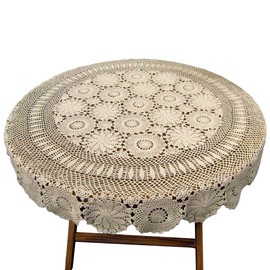 YIZUNNU Beige Round Handmade Crochet Tablecloth Cotton Lace Table Doilies (51")