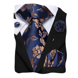 Hi-Tie Mens Tie Lapel Pin Set Pocket Square Cufflinks Woven Silk Ties for Men Wedding Formal,Blue Gold Flower