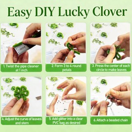 Clover Pipe Cleaner DIY Kit, Makes 10 Complete Lucky Crafts with PVC Clear Bags & Hanging Keychain & Silver Glitter, for Gift & Decoration St. Patrick's Day Supplies