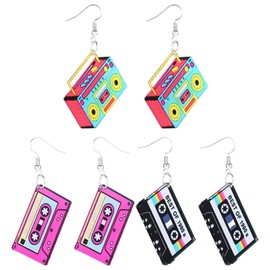 HJZHII 80s 90s Retro Cassette Tape Earrings, 3 Pairs Vintage Cassette Tape Earrings Neon Earring for Women Retro Geometric Drop Dangle Earring for 80s 90s Cosplay Party Outfit Gifts